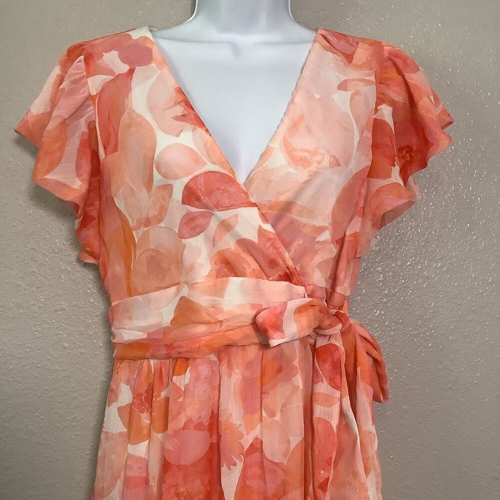Coral Floral Feminine Romantic Tiered Babydoll Tied Waist Maxi Dress Sz 4 Summer - Picture 2 of 8